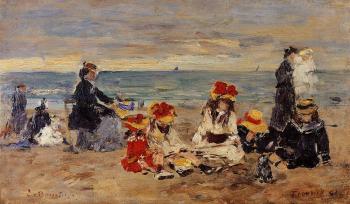 Eugene Boudin : Woman and Children on the Beach at Trouville